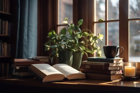 premium ai image books   window cozy reading atmosphere
