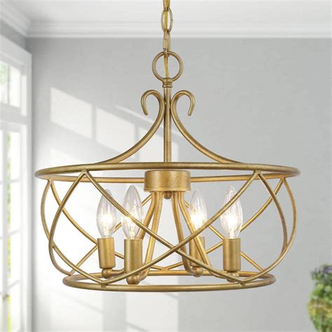 Uolfin Farmhouse Deep Gold Chandelier, 4-Light Drum Kitchen Chandelier Pendant Lighting wi ...