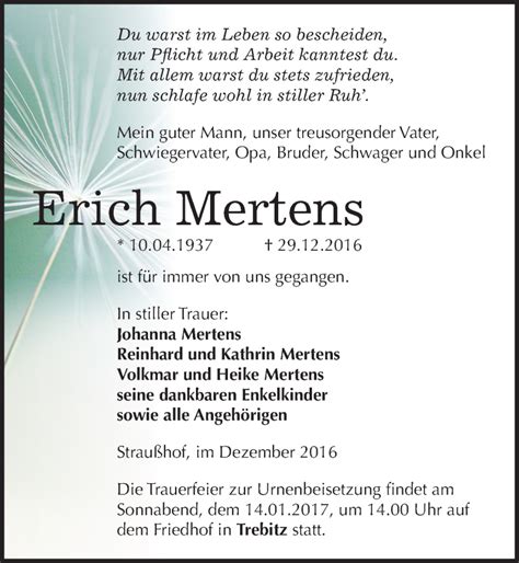 Traueranzeigen Von Erich Mertens Abschied Nehmen De