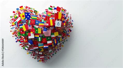 Many World Flags Creating Cinematic 3d Heart With White Background