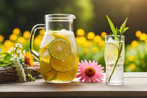 Premium Photo Lemonade In A Pitcher With Flowers And A Flower