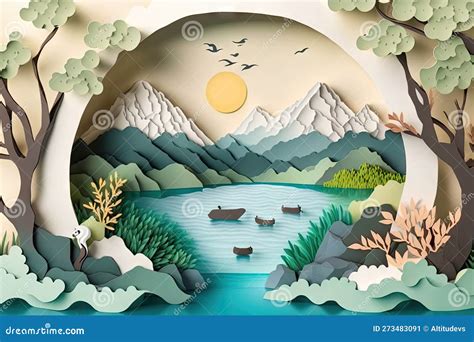 Calm And Serene Landscape In 3d Paper Cut Style With Peaceful Water And Tranquil Atmosphere