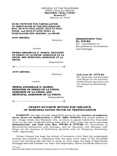 Exparte Motion For The Issuance Of Subpoena Duces Tecum Ad Testificandum Atty Abel Ochoco