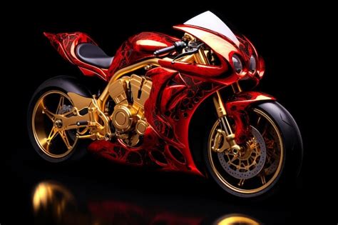 Premium Photo Red Motorcycle With A Gold Stand On A Black