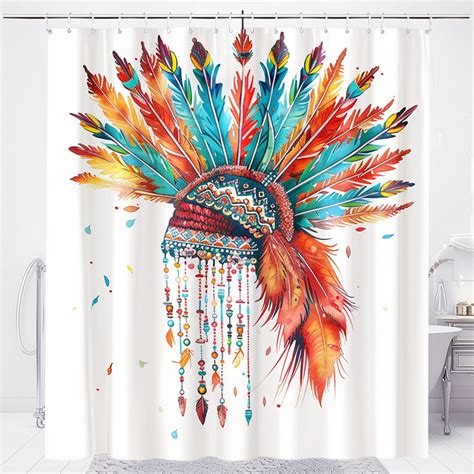 Boho Chic Shower Curtain With Vibrant Feather Headdress And Arrow