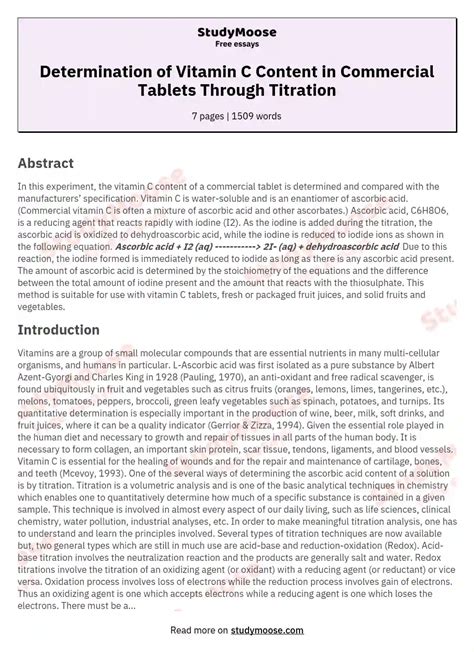 Determination Of Vitamin C Content In Commercial Tablets Through