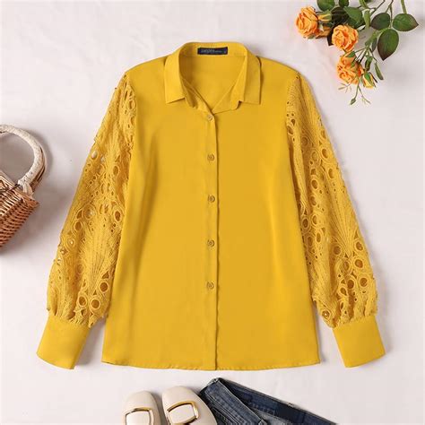 Cheap Zanzea Spring Women Hollow Out Solid Color Shirt Long Sleeves Casual Loose Tops Plus Size