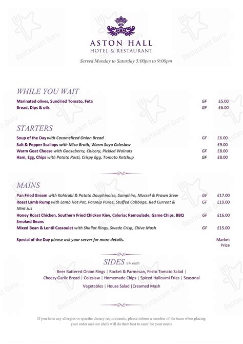 Menu At Best Western Plus Aston Hall Hotel Pub And Bar Sheffield