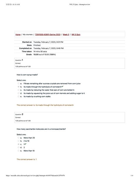 WK 5 Quiz Attempt Review Home My Courses TOXI1000 63911 Spring