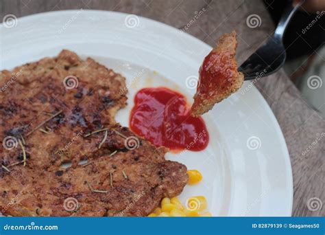 Grilled Pork Steak With Bread And Ketchup Stock Image Image Of