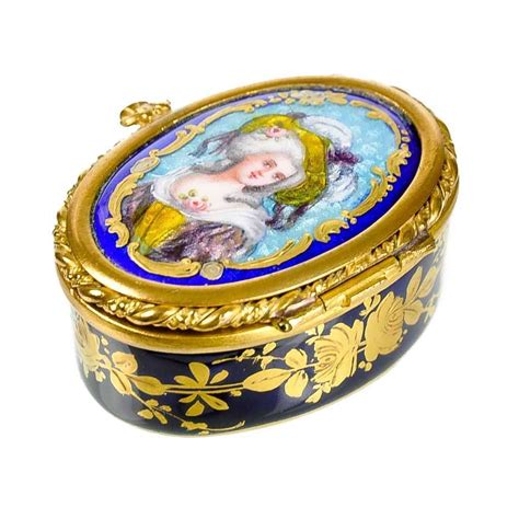 Antique French Limoges Enamel Porcelain Patch Box With Miniature