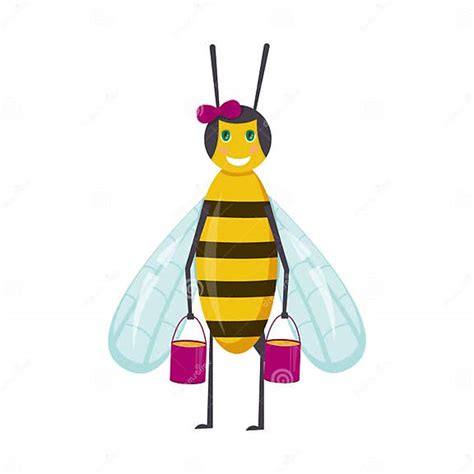 Cute Bee With Buckets Of Honey In Cartoon Style Isolated On White