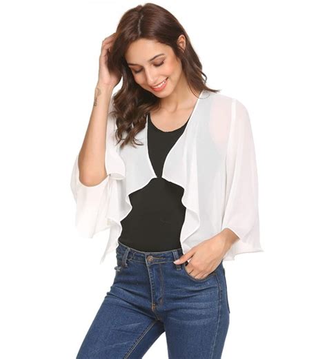 Womens Sheer Bolero Shrug Shawl Chiffon Thin Cardigan Pure White