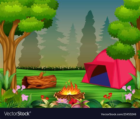 Forest Camping Concept With Pink Tent Royalty Free Vector