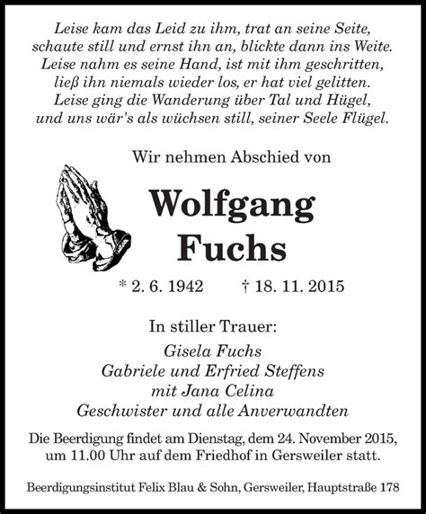 Traueranzeigen Von Wolfgang Fuchs Saarbruecker Zeitung Trauer De