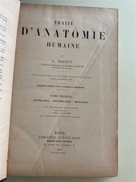 Traite D Anatomie Humaine Volume 1 1921 Edition French By Testut