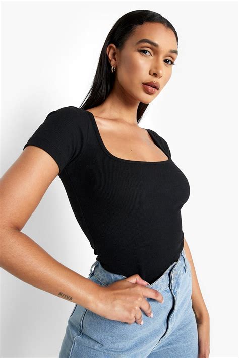 Womens Black Recyled Rib Short Sleeve Square Neck Bodysuit Boohoo Uk