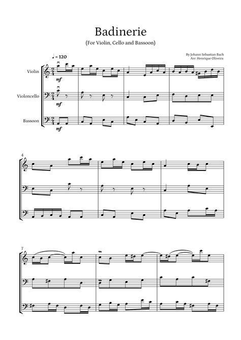 Badinerie By J S Bach For Violin Cello And Bassoon Arr Henrique Oliveira Sheet Music