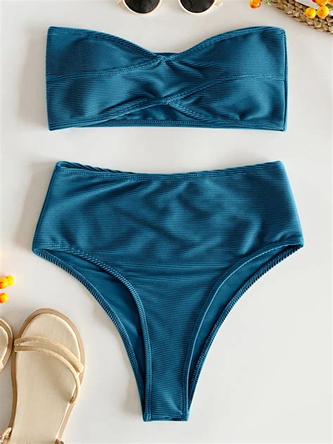 Shein Swim Chicsea Mono Bikini Set Rib Bandeau Top And High Waist Bottom