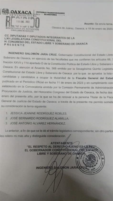 Entrega El Gobernador Salom N Jara La Terna Para La Fiscal A Nss Oaxaca