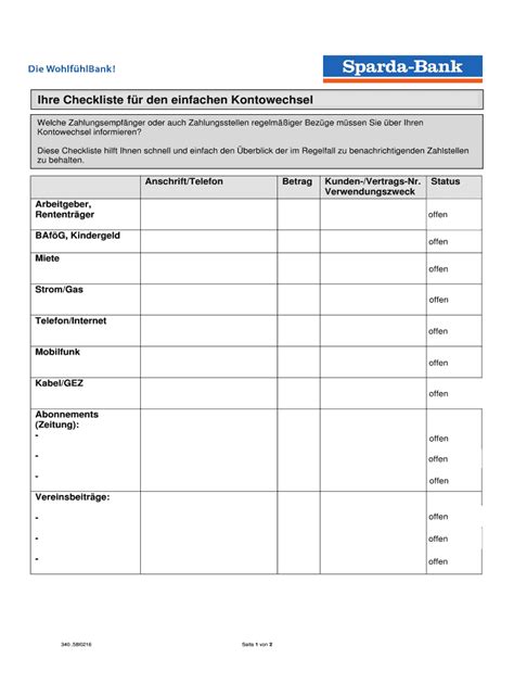 Fillable Online Sparda H Ihre Checkliste Fr Den Einfachen Kontowechsel