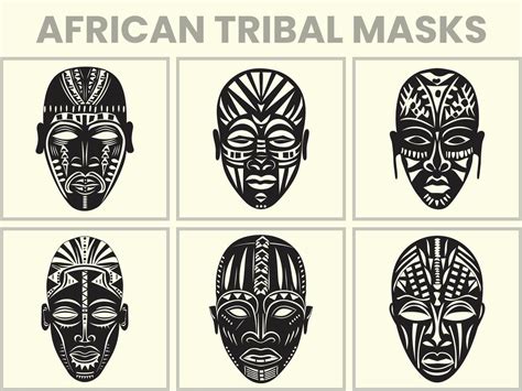 Set of black silhouettes of African tribal masks, a collection of ...