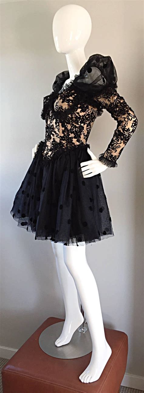 Beautiful Vintage 1980s Isabelle Allard Black And Nude French Lace Pouf Dress For Sale At