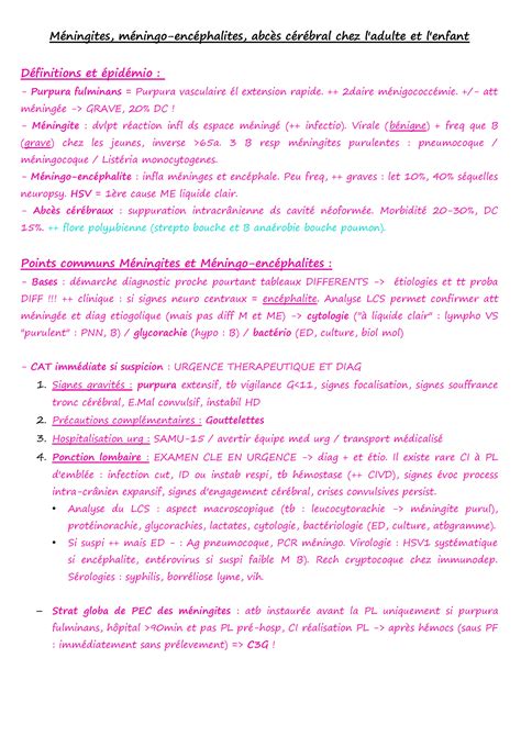 Fiche méningites Méningites méningo encéphalites abcès cérébral