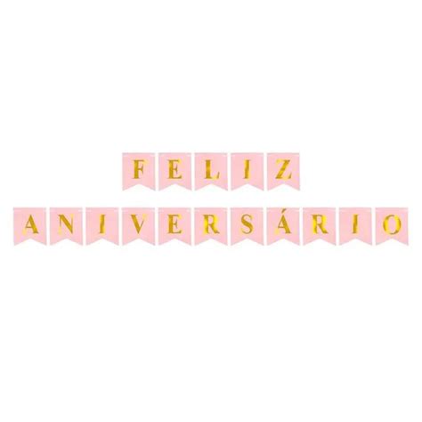 Varal Faixa Feliz Aniversário Rosa E Dourado Com Fitilho Elo Festas