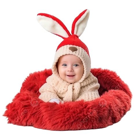 Newborn Baby In A Rabbit Costume Lies On The Red Blanket Near The