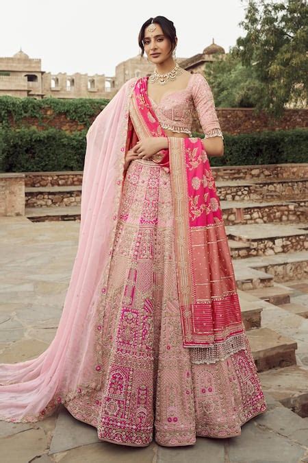 Buy Pink Silk Embroidered Cutdana Sweetheart Panelled Bridal Lehenga