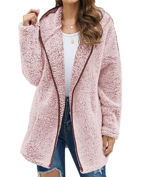 Danedvi Womens Hooded Fuzzy Fleece Coat Solid Oversized Contrast Color Edging Winter Warm Fur