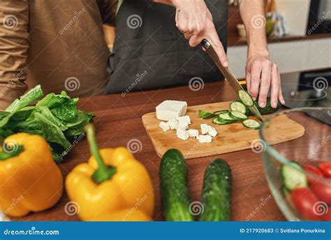 Same Sex Male Pair Cutting Cucumber For Salad Stock Image Image Of Dinner Pair 217920683