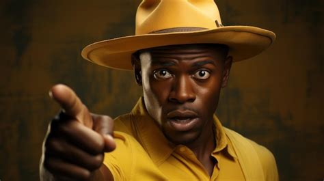 Premium Photo Stylish Man In Yellow Shirt And Straw Hat Pointing