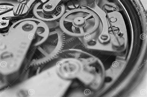 Black And White Macro Photo Close Up View Of Metal Clockwork Stock