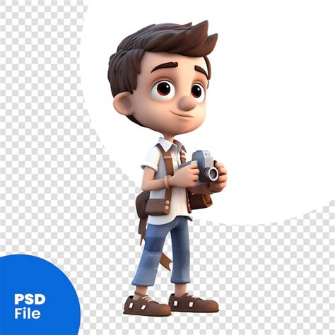 3d Rendering Eines Kleinen Jungen Mit Rucksack Und Kamera Auf Weißem Hintergrund Psd Vorlage