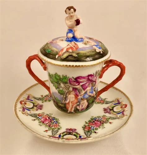 Antique Capodimonte Ginori Covered Chocolate Cup Saucer With Lid