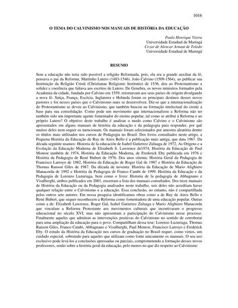 Pdf O Tema Do Calvinismo Nos Manuais De Hist Ria Da Educa O Pdf