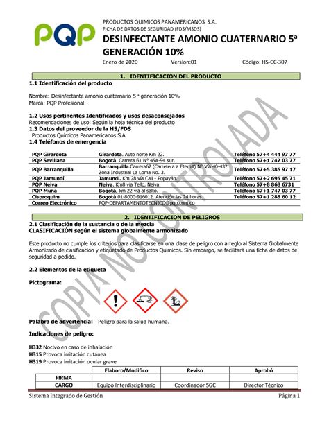 Hoja De Seguridad Amonio Cuaternario Ta Generacion Productos