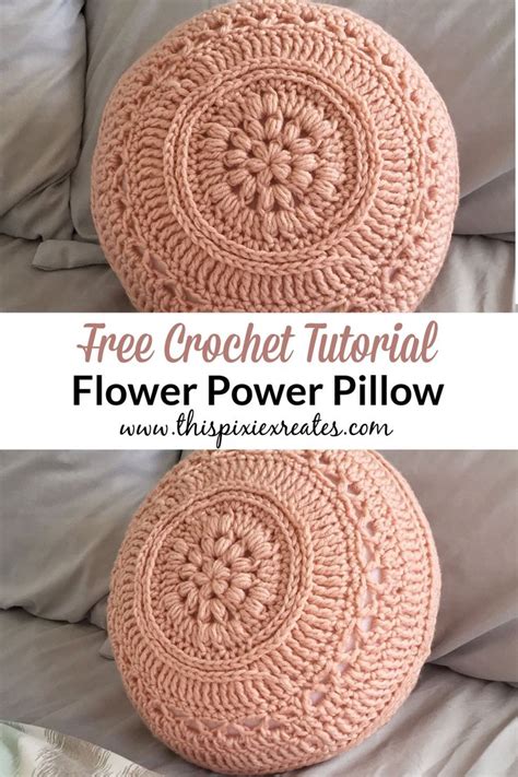 Two Crochet Pillows Sitting On Top Of A Bed With The Words Flower Power Pillow