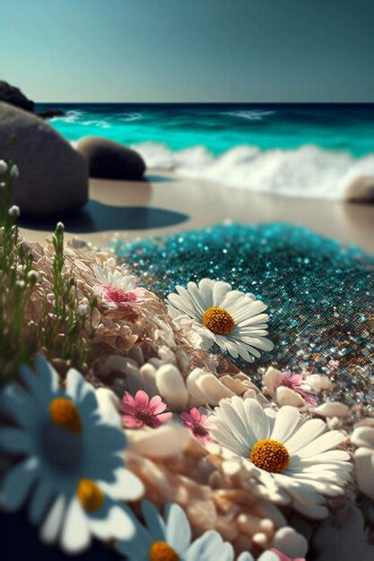 Grupo De Flores Sentado Em Cima De Uma Praia De Areia Generativa Ai