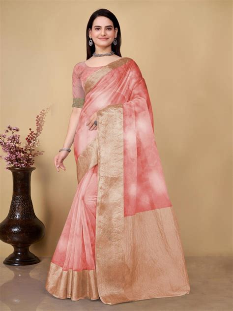 TRENDING ORGANZA SIBORI PRINT SAREE WITH UNSTITCHED BLOUSE PEACH