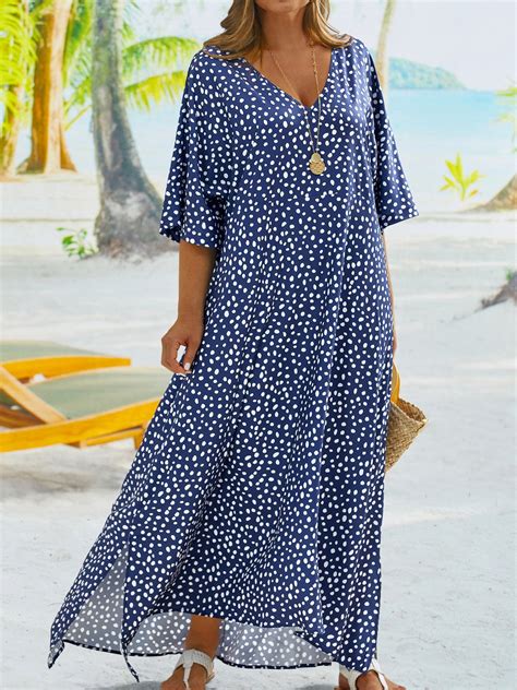 Plus Size Casual Polka Dots Short Sleeve V Neck Printed Dress Outlet