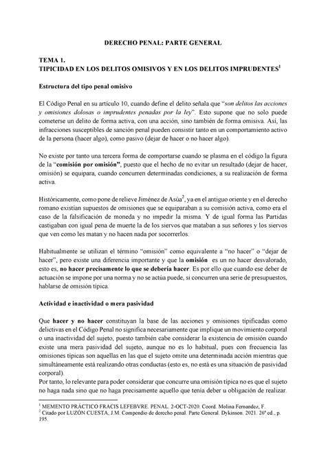 Tema 1 Derecho Penal Ii Derecho Penal Parte General Tema 1 Tipicidad En Los Delitos Omisivos