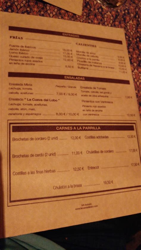 Carta Del Restaurante La Cueva Del Lobo El Molar