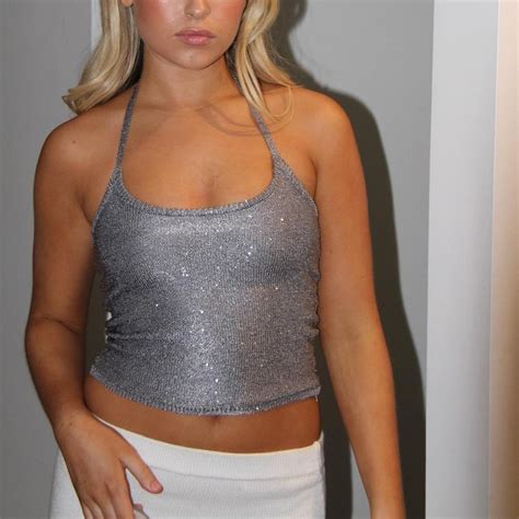 Glassons Sparkly Silver Sequin Halter Top Worn Once Depop