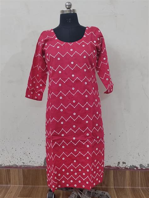 3 4th Sleeve Red Cotton Embroidered Kurti Style Regular Straight