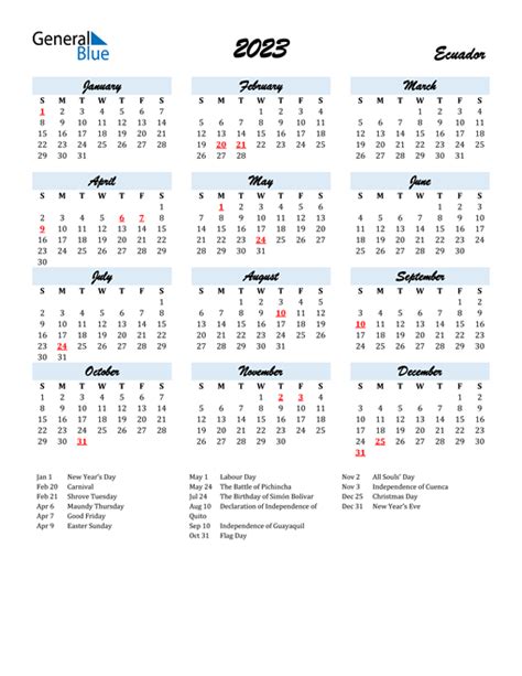 2023 Ecuador Calendar With Holidays