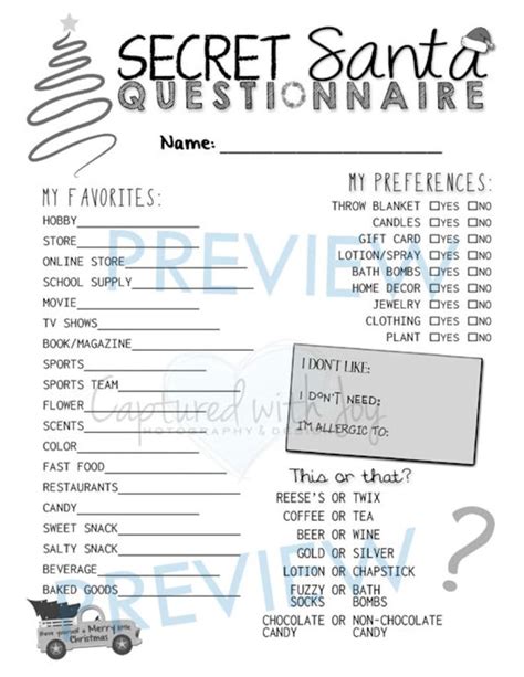 Printable Secret Santa Questionnaire For Gift Exchange Work Or Personal