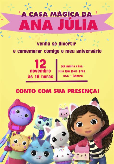 Convite aniversário A Casa Mágica da Gabby Edite grátis nosso